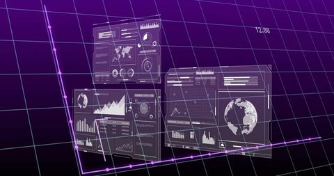 Futuristic Holographic Dashboards Neon Grid Showing Global Analytics and Data Visualization