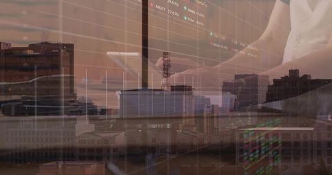 Businessman typing on laptop by high-rise window with city skyline and financial charts overlay