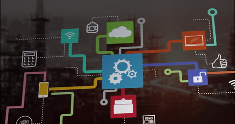 Colorful Network of Technology Icons in Digital Overlay