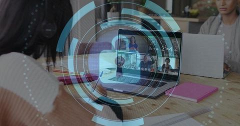 Virtual Padlock HUD Over Laptop During Remote Classroom Video Call Protecting Student Data