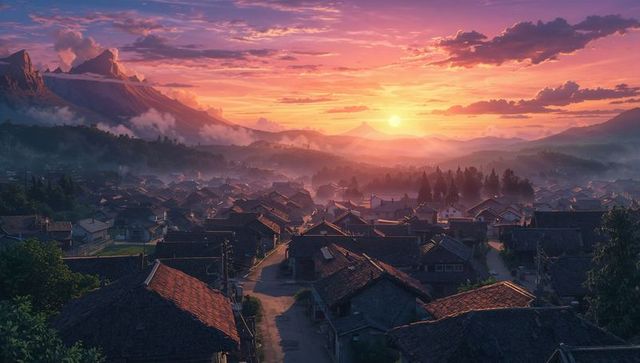 Sunset Bathing Traditional Tiled Village in Misty Mountain Valley with Glowing Rooftops