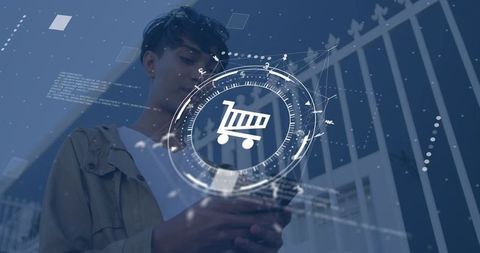 Asian man holding smartphone viewing augmented reality shopping cart interface overlay