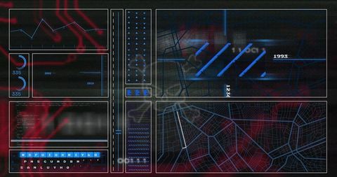 Futuristic hud dashboard multi-panel map, analytics charts and neon control interface