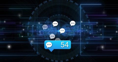 Holographic messaging notification HUD displaying 54 alerts over neon radar grid