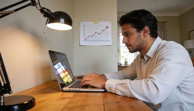 Focused remote worker typing on laptop at wooden desk with upward growth chart on wall
