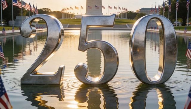Glinting metallic 250 sculpture reflecting in memorial pool during golden hour, flag-lined