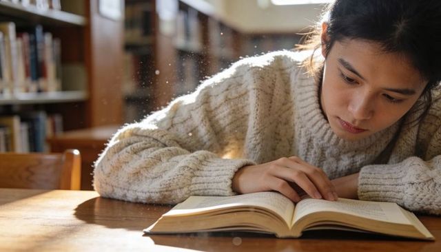 Student reading at sunlit library table wearing chunky sweater, focused study moment