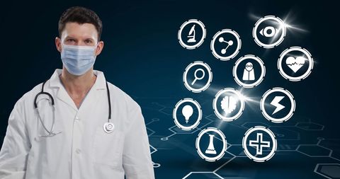 Doctor in Mask with Medical Research Icons Overlay