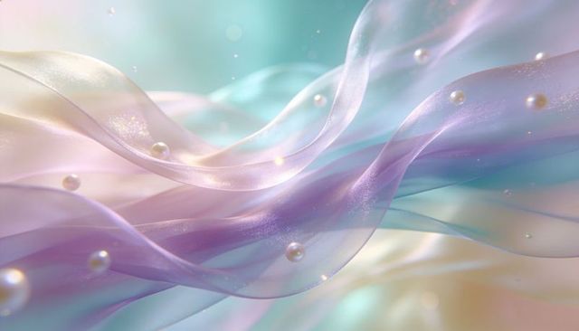 Flowing translucent pastel ribbons with pearl beads and glittering iridescent soft motion