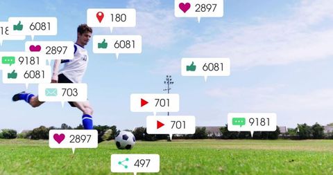 Kicking soccer player with social media notifications on grass field driving engagement