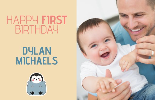 Joyful baby boy and proud father celebrating his first birthday together. Great for family celebration cards, birthday invitations, parenting blogs, and heartfelt social media posts.