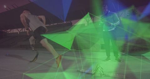 Runner with Blade Prosthetic Training in Futuristic Scene