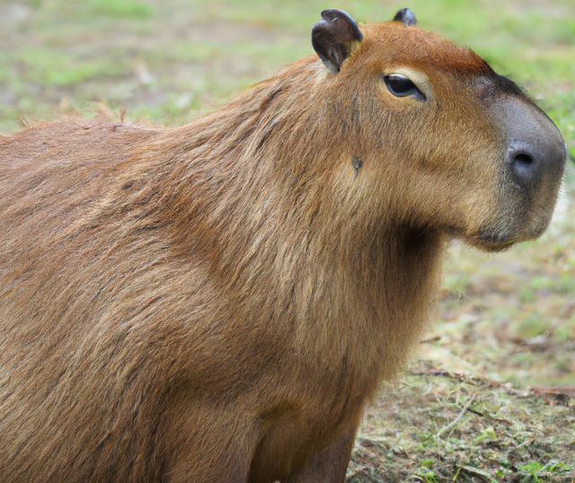 Close up of capybara over grass created using generative ai technology. Animal and nature concept, digitally generated image.