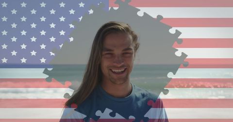 Smiling Man at Beach on American Flag Background with Jigsaw Puzzle