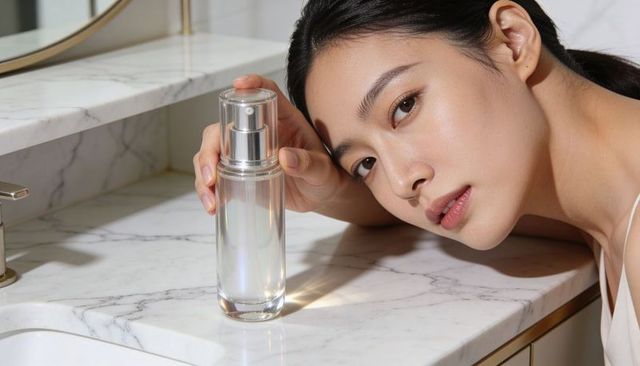 Asian woman leaning on marble vanity holding clear spray bottle closeup skincare beauty