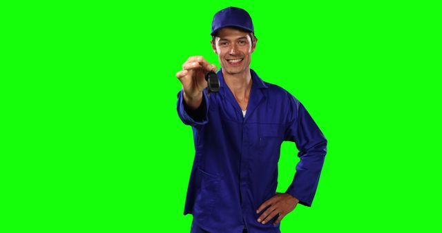 Smiling mechanic holding car keys against a green screen background. Suitable for automotive promotions, mechanic advertisements, vehicle service banners, repair services, and advertisements utilizing green screen effects.