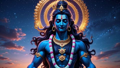 Blue celestial deity in meditation under starry sky