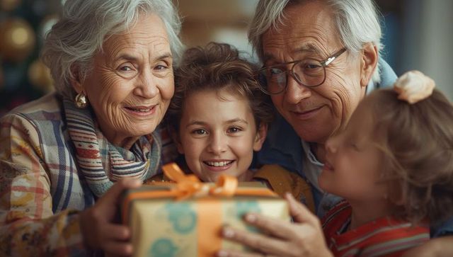 Generational Bonding: Grandparents With Kids and Gift Box
