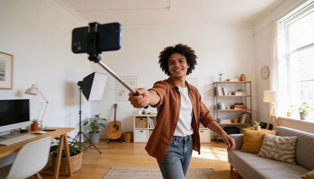 Young creator recording video in cozy living room with selfie stick, softbox lighting, daylight
