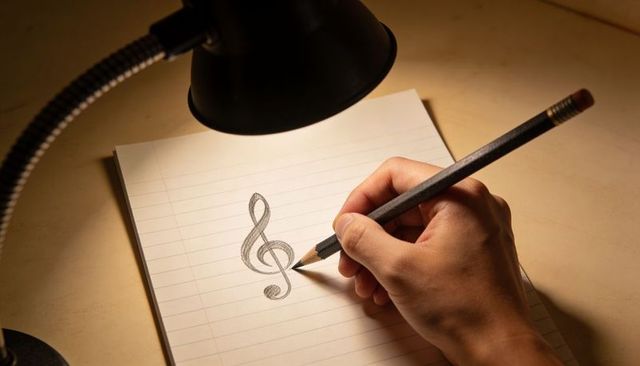 Right hand drawing treble clef on lined notebook under warm desk lamp light