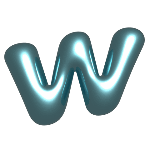 Transparent glossy 3d letter w floating with cyan highlights, metallic inflated glyph