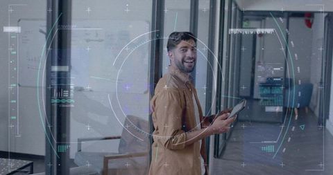 Smiling Professional Engaging with Futuristic Digital Interface