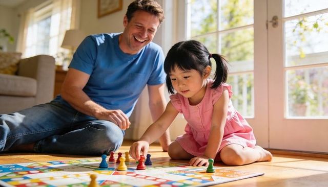 Joyful Father and Daughter Playing Colorful Board Game on Sunlit Wooden Living Room Floor