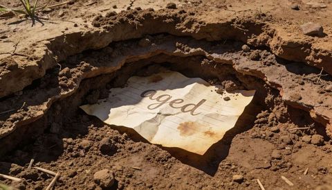 Resting aged lined paper in eroded parched soil depression conveying decay and memory