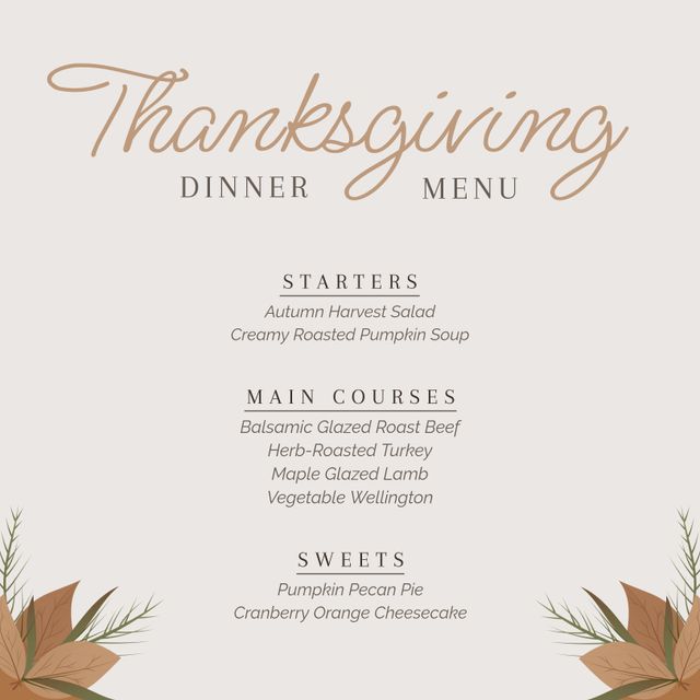 This elegant Thanksgiving dinner menu features a sophisticated design with autumn leaves decoration. It lists starters, main courses, and desserts, making it perfect for holiday gatherings and festive events. Ideal for restaurants, family dinners, and holiday celebrations, the design adds a warm, inviting touch to any event.