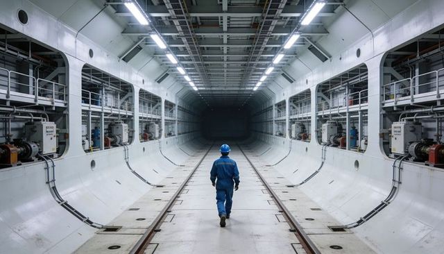 Industrial technician walking down symmetrical white service tunnel with rails and catwalks