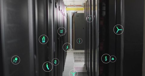 Eco Icons Floating Around Data Servers in Server Farm - Download Free Stock Images Pikwizard.com