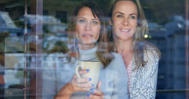 Smiling Women Enjoying Coffee Together Through Glass Window - Download Free Stock Images Pikwizard.com