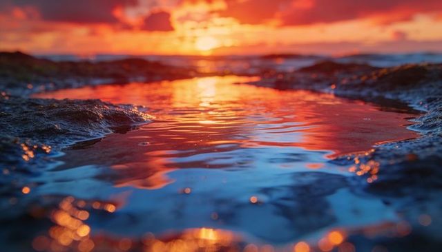 Reflecting sunset colors in tidal pool on rocky shore, glowing golden hour seascape