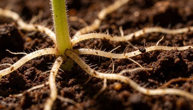 Seedling roots spreading through rich soil macro detail showing delicate root hairs