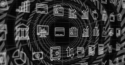 Swirling Finance Icon Tunnel Showing Credit Card, Growth Charts and Data Network, Abstract