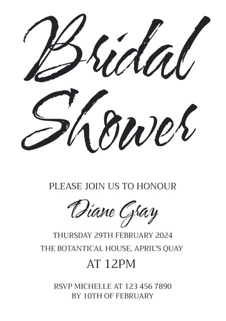 Invitation for an elegant bridal shower. The black script text on a white background creates a sophisticated look. Suitable for mailing or emailing to invite guests to a bridal shower. All important details, including date, time, and RSVP information, are clearly displayed.