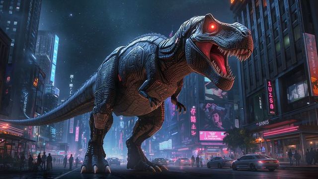 Cyberpunk Mechanical T-Rex Roams Neon-Lit Futuristic City