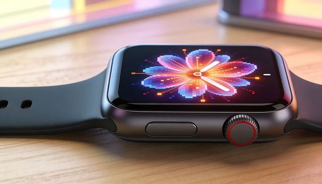 Close-up rectangular smartwatch displaying vibrant pixel flower watchface on wooden surface