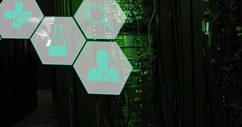 Neon green data center corridor with medical technology hex overlay and server cabling