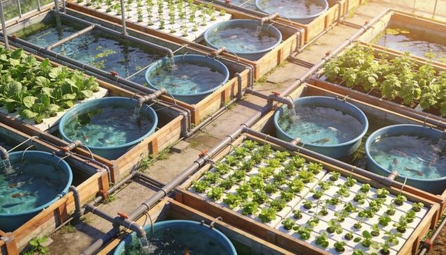 Sunlit modular rooftop aquaponics system with circular blue tanks and hydroponic beds