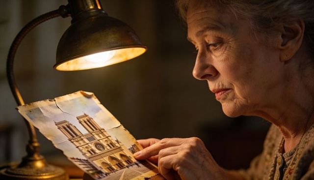 Elderly woman studying vintage notre-dame postcard under brass lamp, nostalgic memory