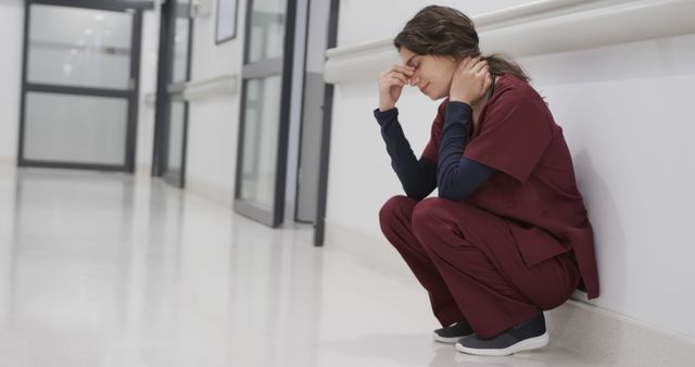 Tired Nurse Sitting on Hospital Floor - Download Free Stock Images Pikwizard.com