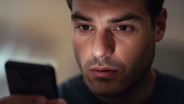 Focused young man staring at smartphone screen in dim light, closeup facial expression