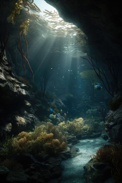 Rays of sunlight, fish and plant life in underwater cave, created using generative ai technology. Nature, diving and underwater exploration concept digitally generated image.