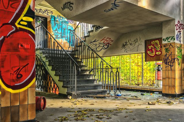 Graffiti covers the walls of an abandoned building's stairwell, with bright colors and artistic designs. The area is littered with debris and leaves, and the sunlight streaming in highlights the state of urban decay. This image is perfect for projects on urban exploration, street art, or the beauty found in decay and abandonment.