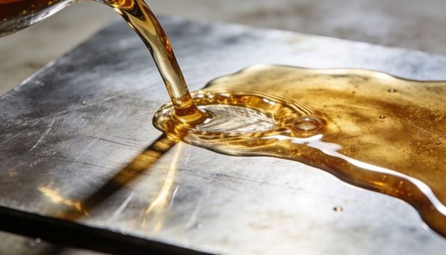 Pouring amber syrup onto stainless steel plate creating glossy honeylike pool and ripples