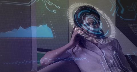Relaxing woman using smartphone with holographic hud and futuristic data analytics overlay