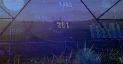 Agri-tech Data Visualization Overlaying Twilight Field with Bar and Pie Charts, Gridlines