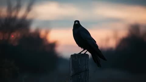 Mysterious Crow Scanning Twilight Horizon on Country Road Post