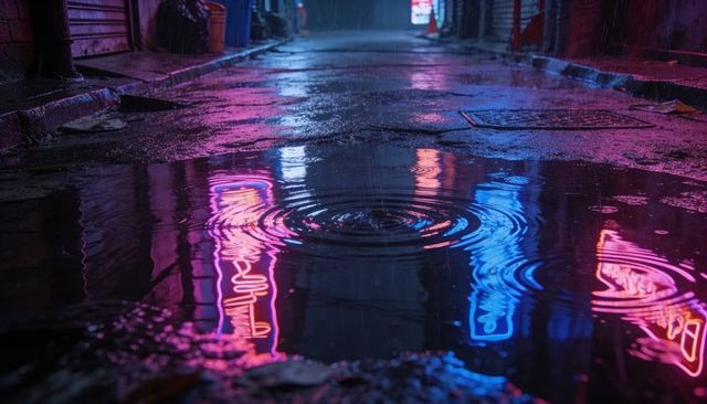 Rippling neon reflections in rain-soaked alley at night with magenta and cyan glow
